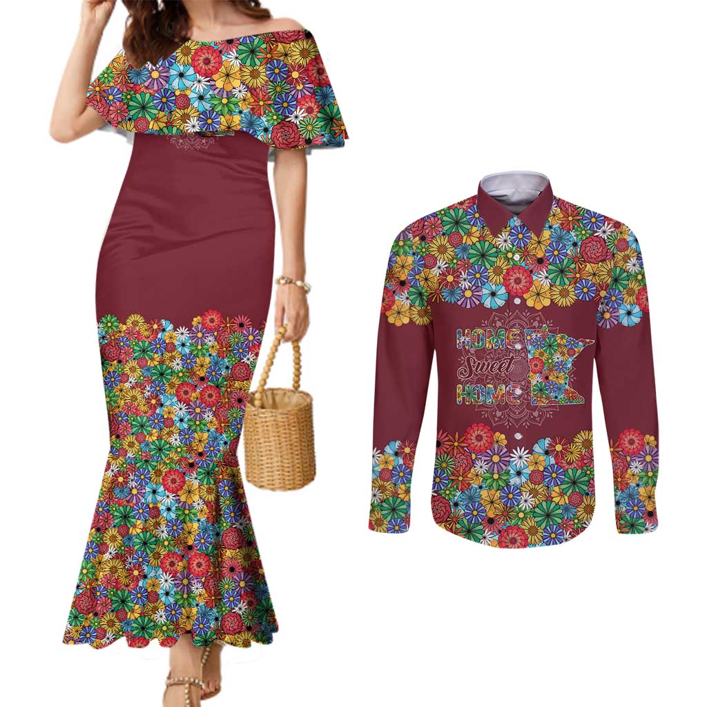 Home Sweet Home Minnesota Flower Christmas Couples Matching Mermaid Dress and Long Sleeve Button Shirt Xmas Holiday Patterns - Wonder Print Shop