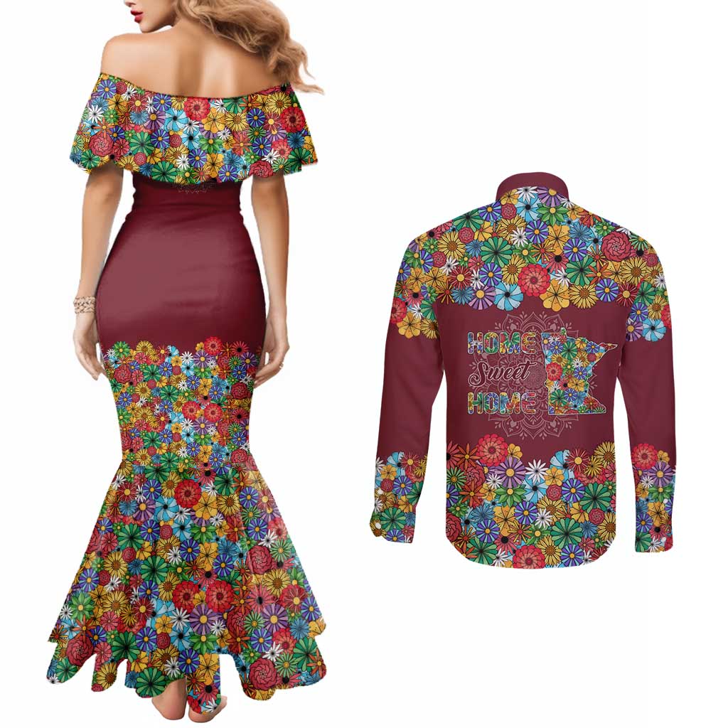 Home Sweet Home Minnesota Flower Christmas Couples Matching Mermaid Dress and Long Sleeve Button Shirt Xmas Holiday Patterns - Wonder Print Shop