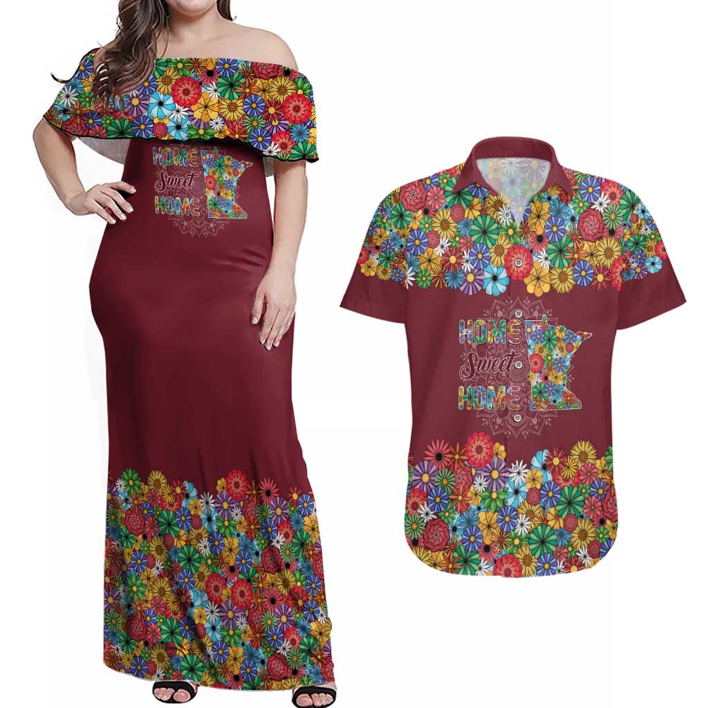 Home Sweet Home Minnesota Flower Christmas Couples Matching Off Shoulder Maxi Dress and Hawaiian Shirt Xmas Holiday Patterns - Wonder Print Shop