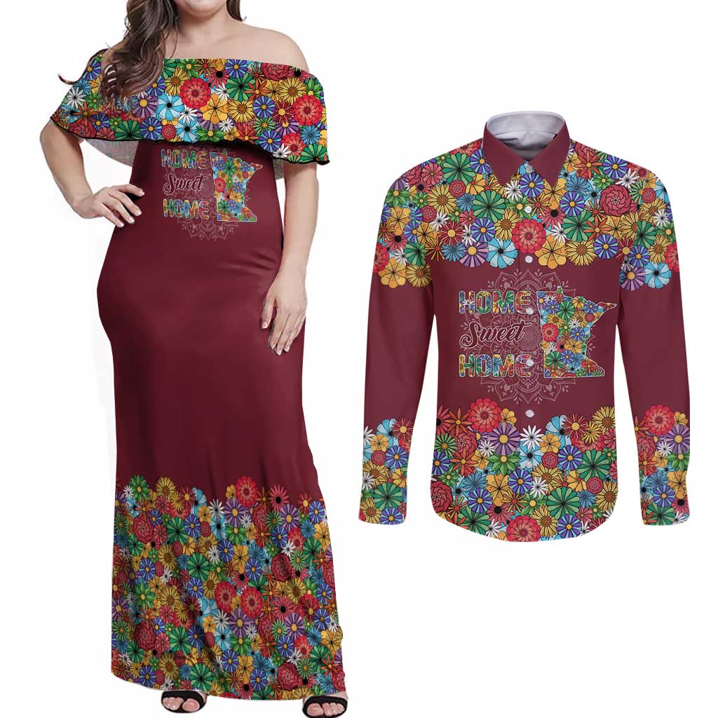 Home Sweet Home Minnesota Flower Christmas Couples Matching Off Shoulder Maxi Dress and Long Sleeve Button Shirt Xmas Holiday Patterns - Wonder Print Shop
