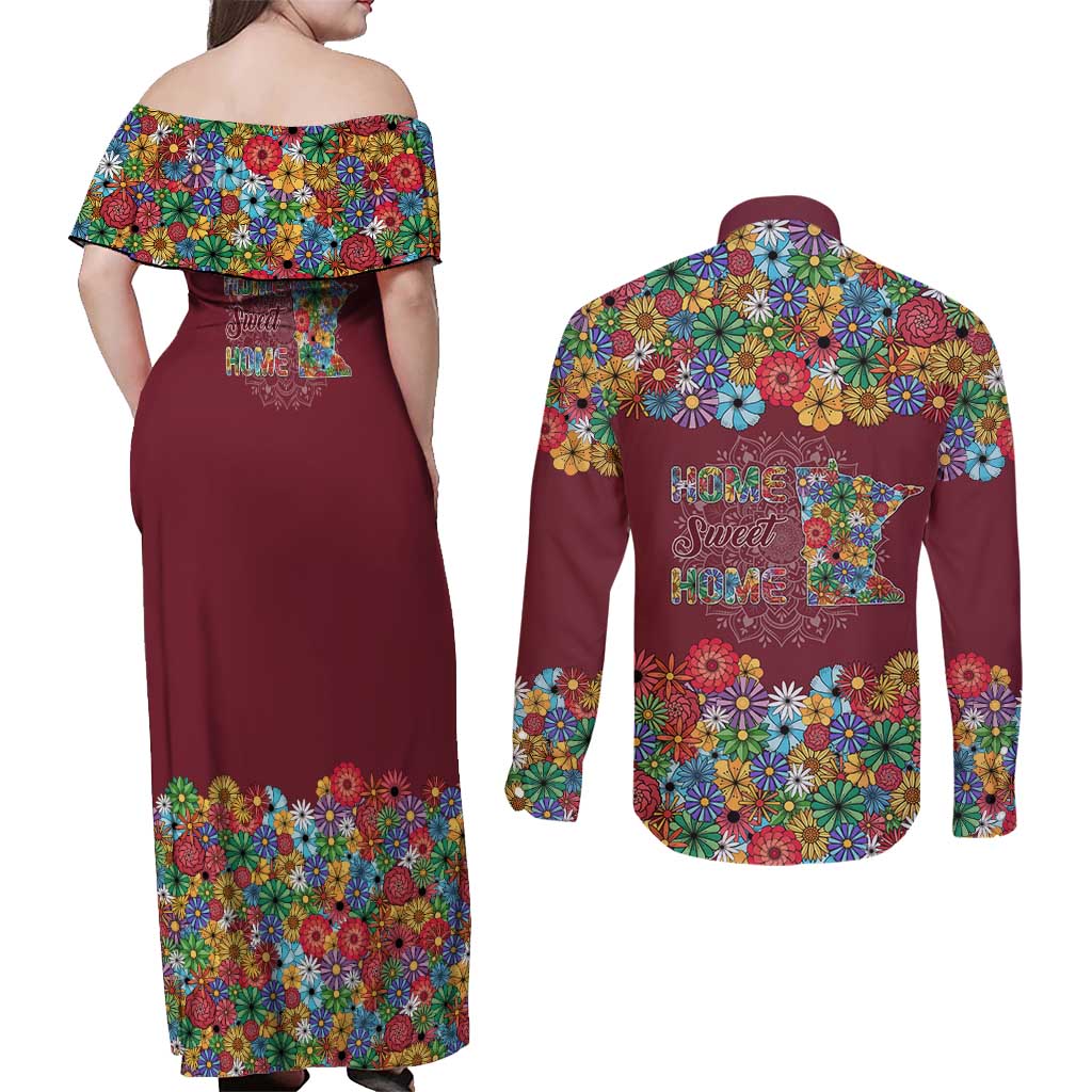 Home Sweet Home Minnesota Flower Christmas Couples Matching Off Shoulder Maxi Dress and Long Sleeve Button Shirt Xmas Holiday Patterns - Wonder Print Shop