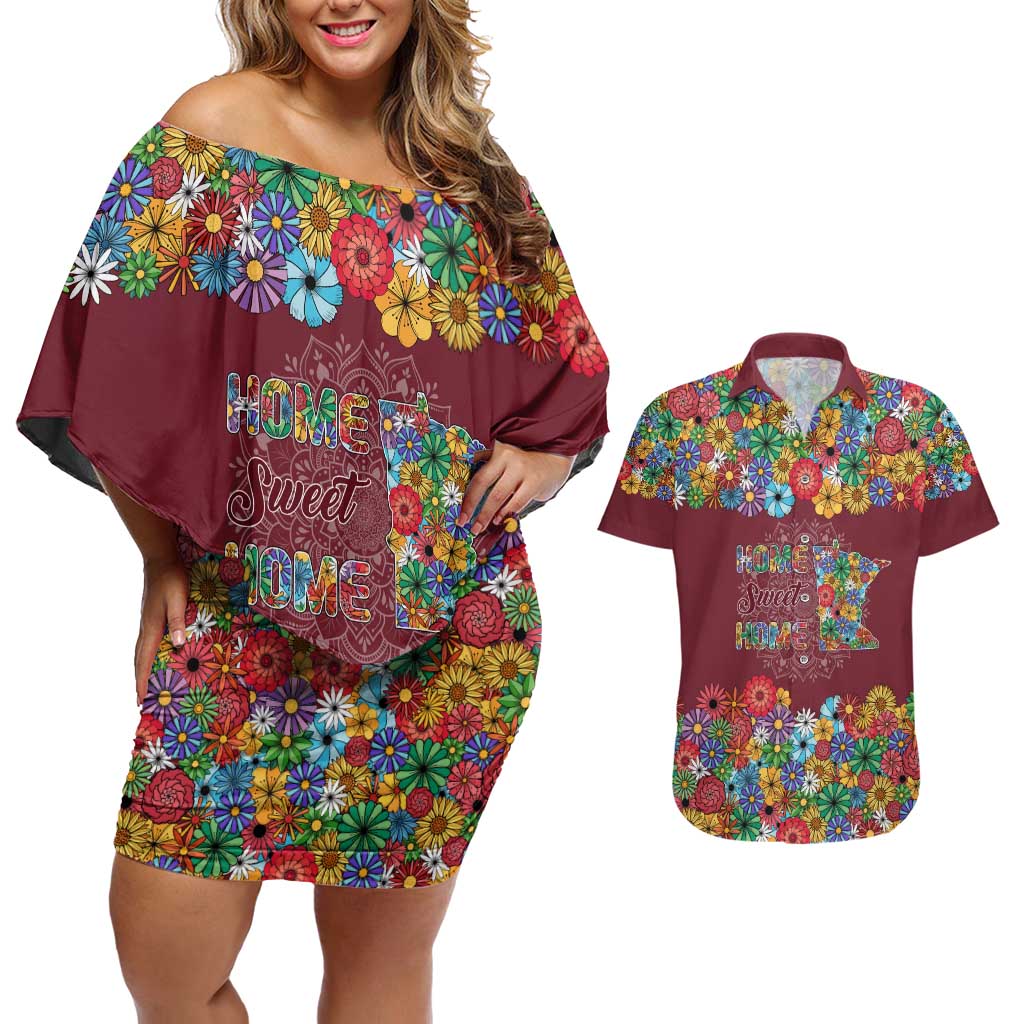 Home Sweet Home Minnesota Flower Christmas Couples Matching Off Shoulder Short Dress and Hawaiian Shirt Xmas Holiday Patterns - Wonder Print Shop