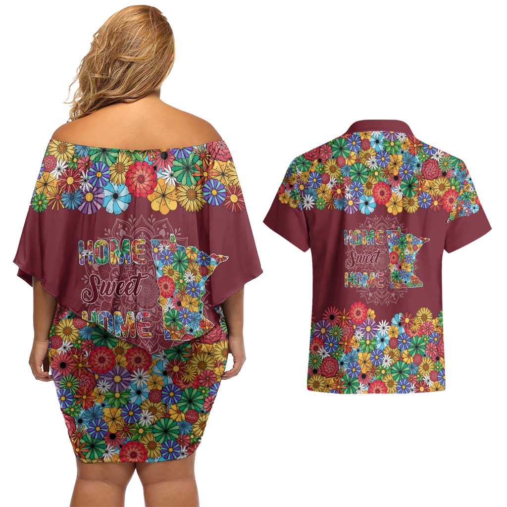 Home Sweet Home Minnesota Flower Christmas Couples Matching Off Shoulder Short Dress and Hawaiian Shirt Xmas Holiday Patterns - Wonder Print Shop