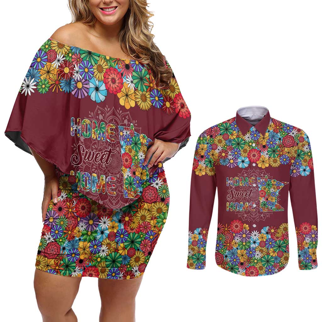 Home Sweet Home Minnesota Flower Christmas Couples Matching Off Shoulder Short Dress and Long Sleeve Button Shirt Xmas Holiday Patterns - Wonder Print Shop
