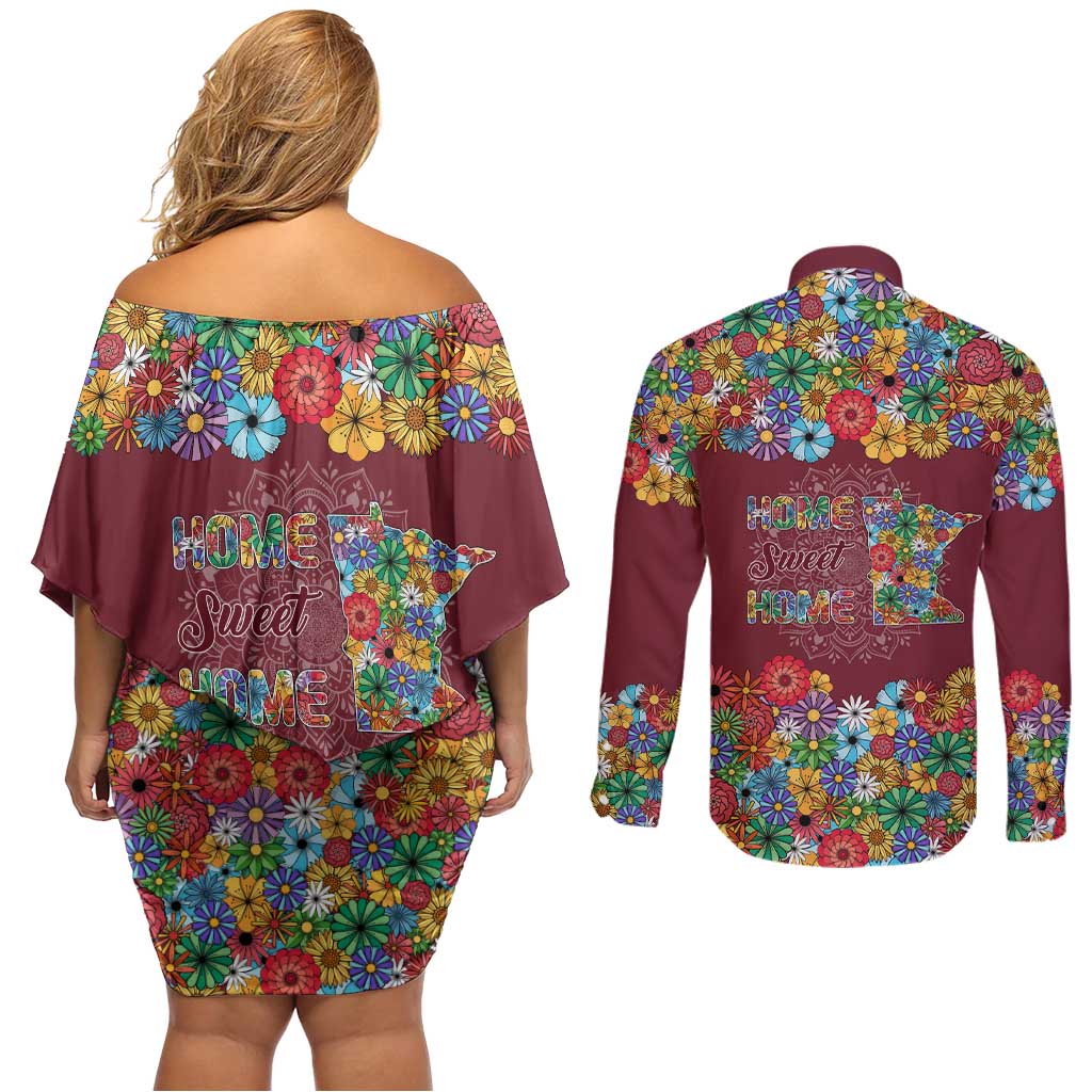 Home Sweet Home Minnesota Flower Christmas Couples Matching Off Shoulder Short Dress and Long Sleeve Button Shirt Xmas Holiday Patterns - Wonder Print Shop