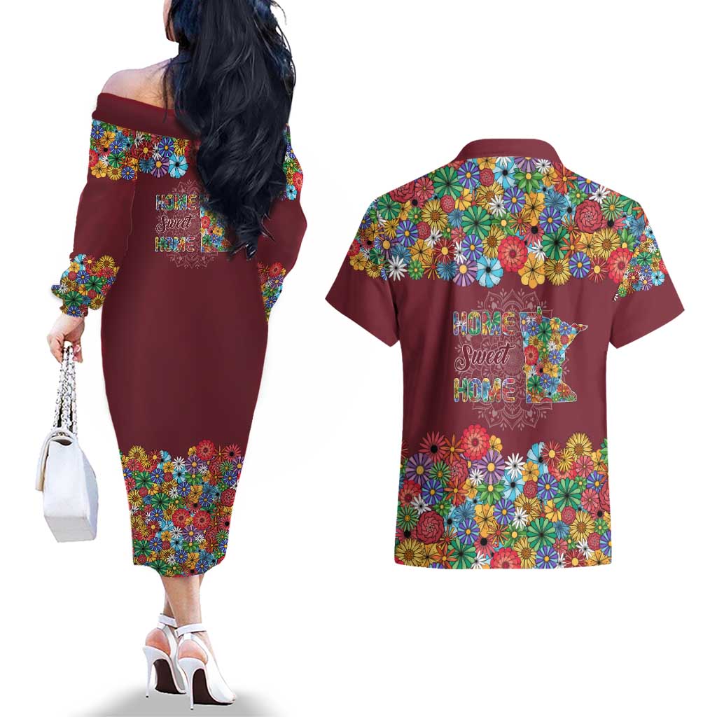 Home Sweet Home Minnesota Flower Christmas Couples Matching Off The Shoulder Long Sleeve Dress and Hawaiian Shirt Xmas Holiday Patterns - Wonder Print Shop