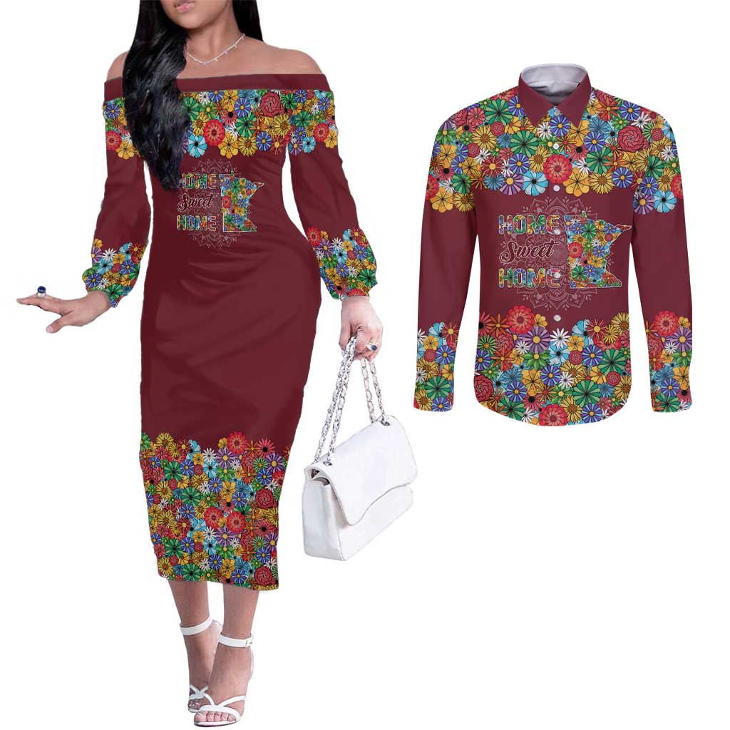 Home Sweet Home Minnesota Flower Christmas Couples Matching Off The Shoulder Long Sleeve Dress and Long Sleeve Button Shirt Xmas Holiday Patterns - Wonder Print Shop