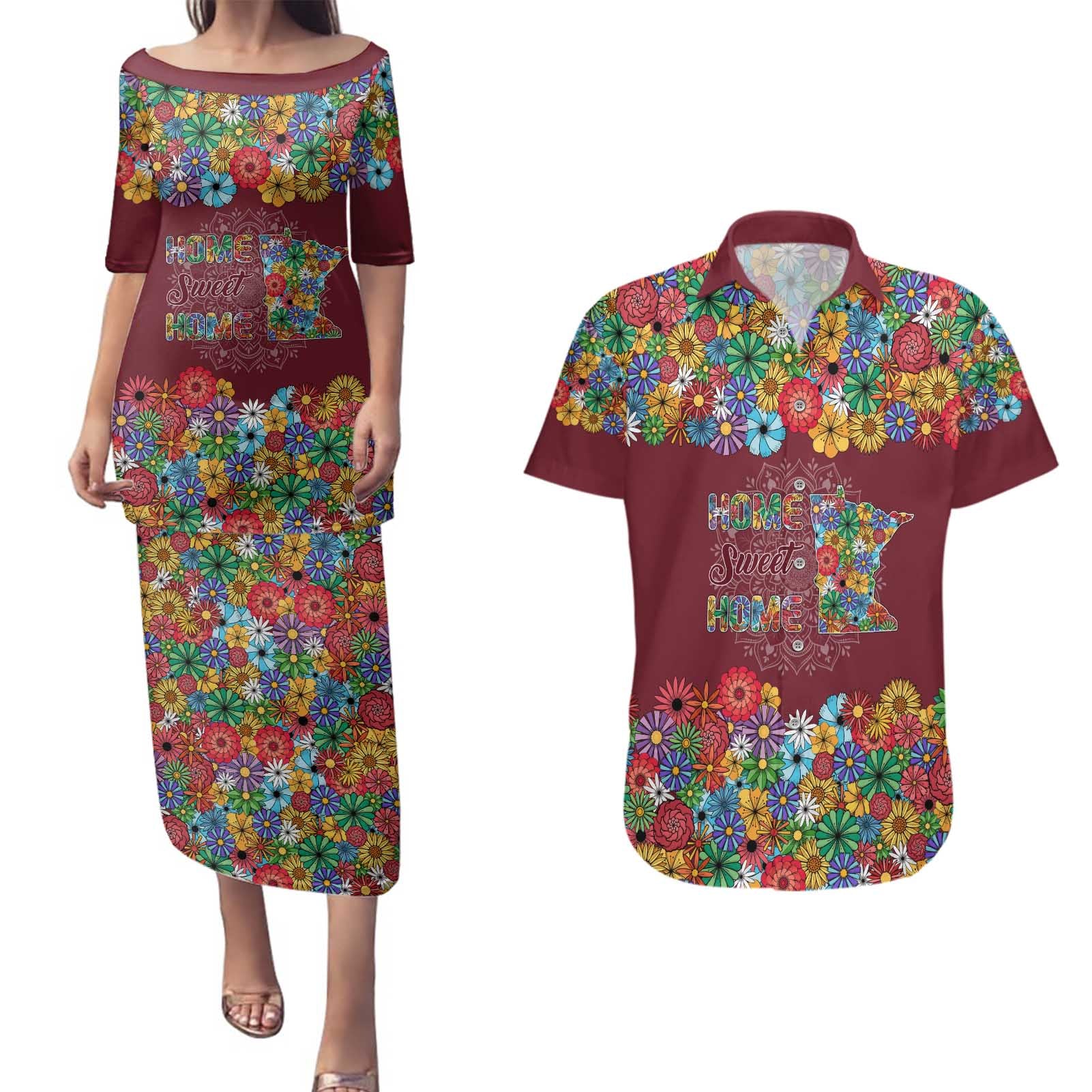 Home Sweet Home Minnesota Flower Christmas Couples Matching Puletasi and Hawaiian Shirt Xmas Holiday Patterns - Wonder Print Shop