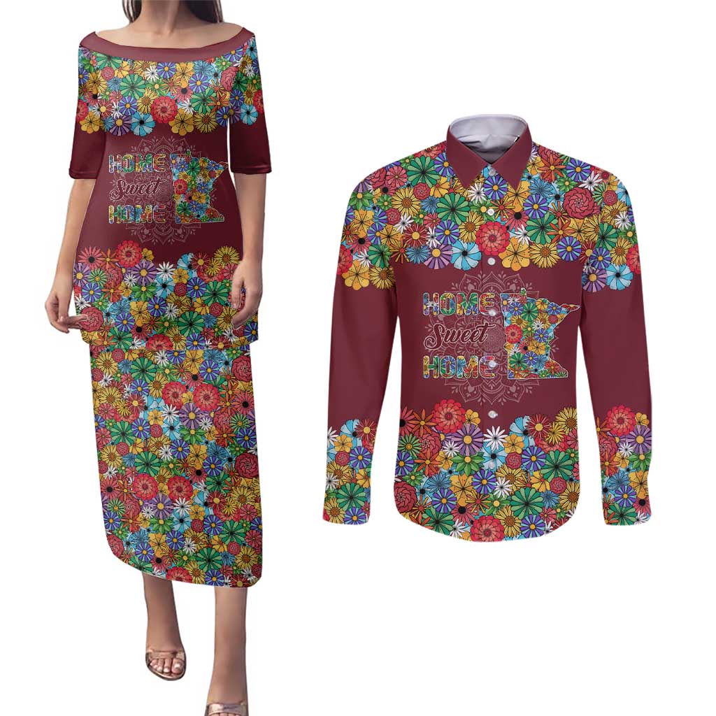Home Sweet Home Minnesota Flower Christmas Couples Matching Puletasi and Long Sleeve Button Shirt Xmas Holiday Patterns - Wonder Print Shop