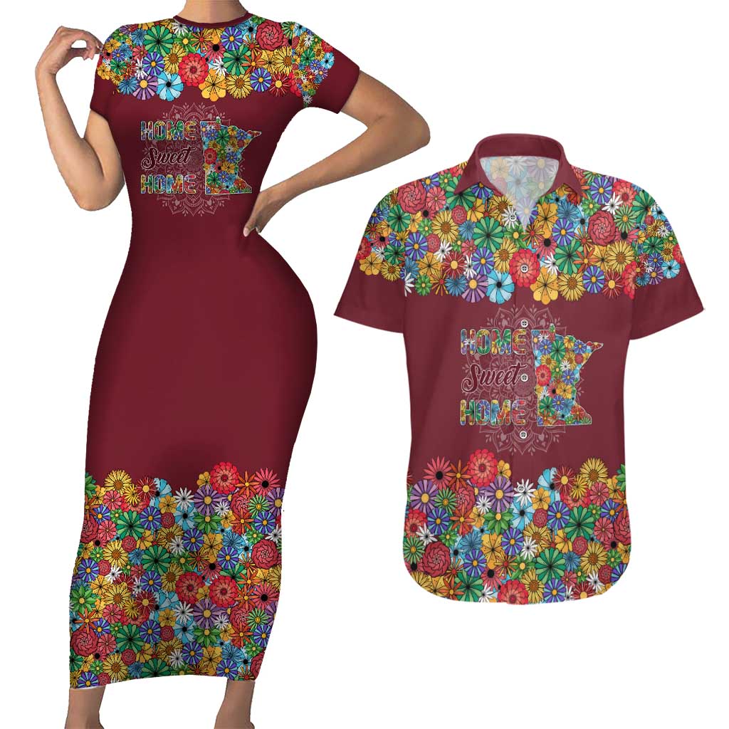 Home Sweet Home Minnesota Flower Christmas Couples Matching Short Sleeve Bodycon Dress and Hawaiian Shirt Xmas Holiday Patterns - Wonder Print Shop
