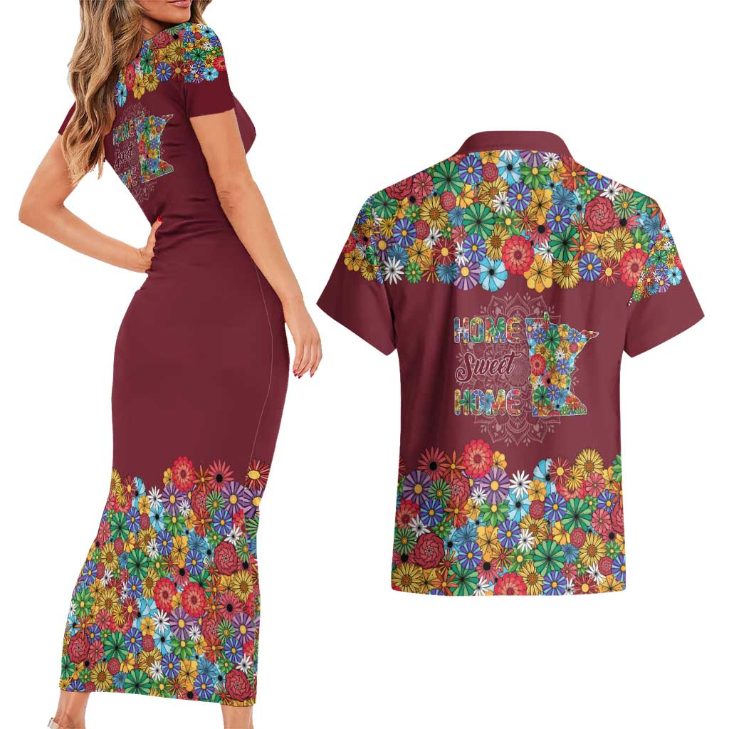 Home Sweet Home Minnesota Flower Christmas Couples Matching Short Sleeve Bodycon Dress and Hawaiian Shirt Xmas Holiday Patterns - Wonder Print Shop