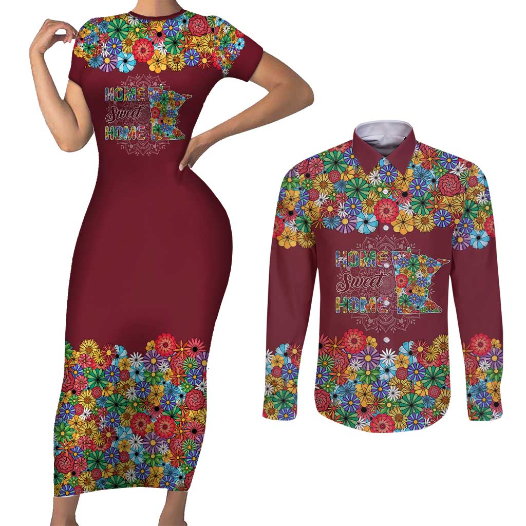 Home Sweet Home Minnesota Flower Christmas Couples Matching Short Sleeve Bodycon Dress and Long Sleeve Button Shirt Xmas Holiday Patterns - Wonder Print Shop