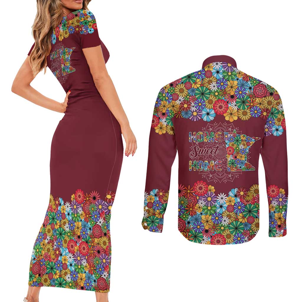 Home Sweet Home Minnesota Flower Christmas Couples Matching Short Sleeve Bodycon Dress and Long Sleeve Button Shirt Xmas Holiday Patterns - Wonder Print Shop