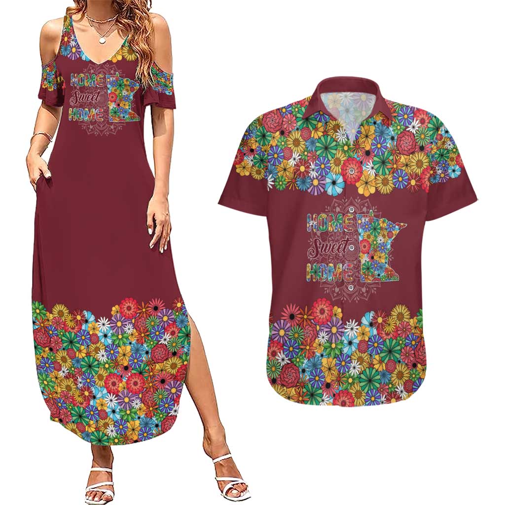 Home Sweet Home Minnesota Flower Christmas Couples Matching Summer Maxi Dress and Hawaiian Shirt Xmas Holiday Patterns - Wonder Print Shop