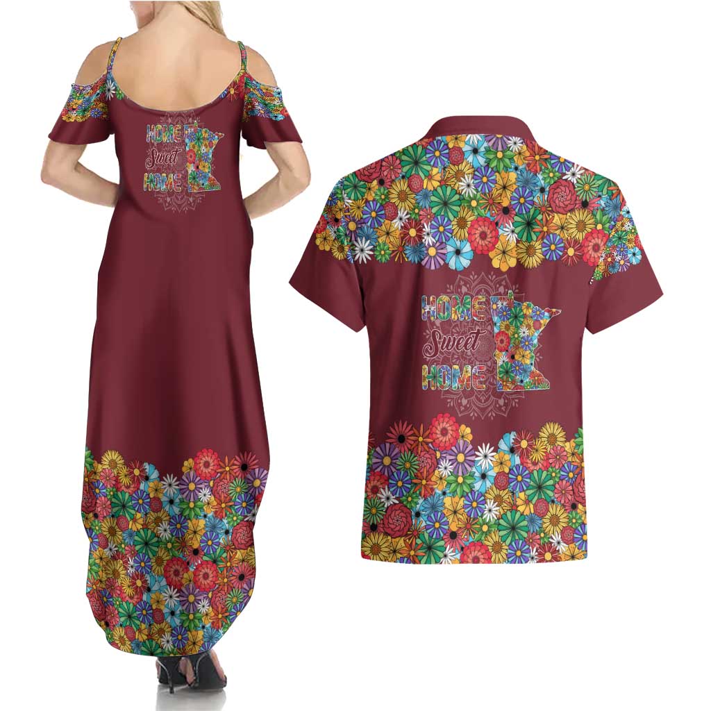 Home Sweet Home Minnesota Flower Christmas Couples Matching Summer Maxi Dress and Hawaiian Shirt Xmas Holiday Patterns - Wonder Print Shop