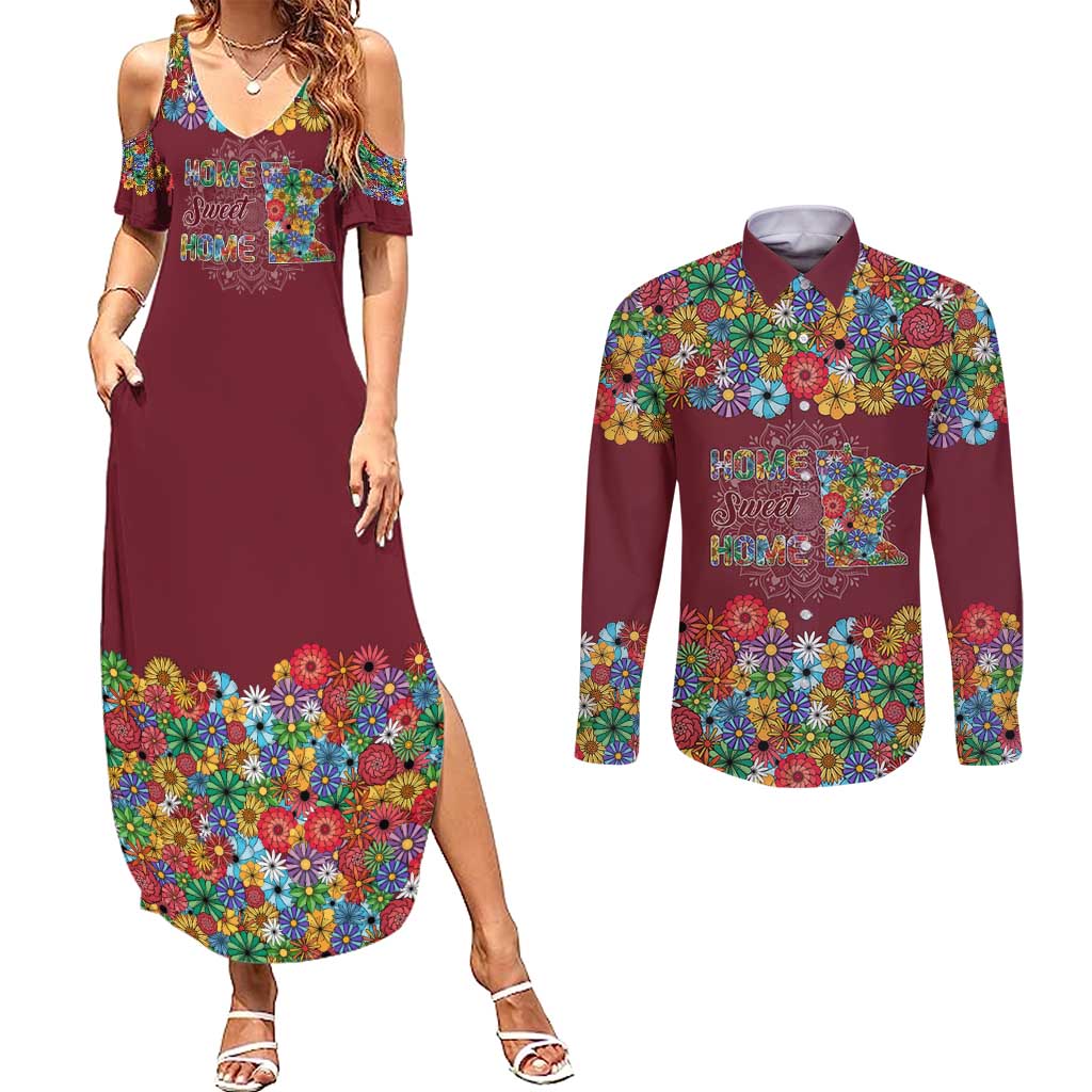 Home Sweet Home Minnesota Flower Christmas Couples Matching Summer Maxi Dress and Long Sleeve Button Shirt Xmas Holiday Patterns - Wonder Print Shop