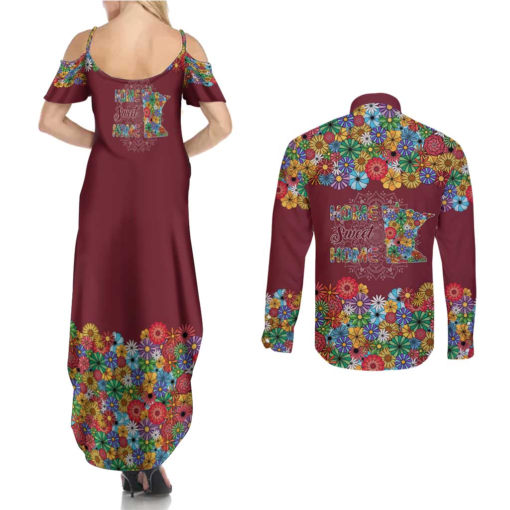 Home Sweet Home Minnesota Flower Christmas Couples Matching Summer Maxi Dress and Long Sleeve Button Shirt Xmas Holiday Patterns - Wonder Print Shop