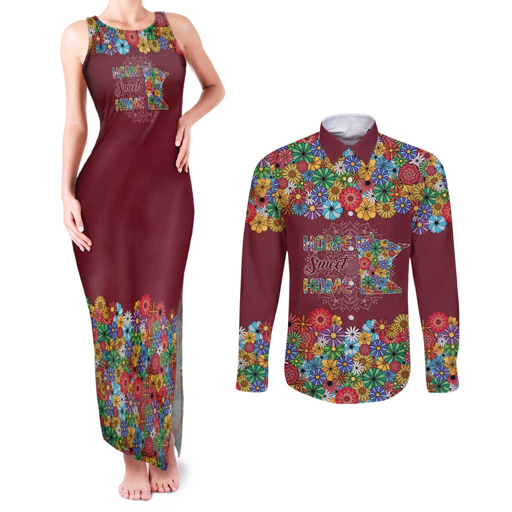 Home Sweet Home Minnesota Flower Christmas Couples Matching Tank Maxi Dress and Long Sleeve Button Shirt Xmas Holiday Patterns - Wonder Print Shop