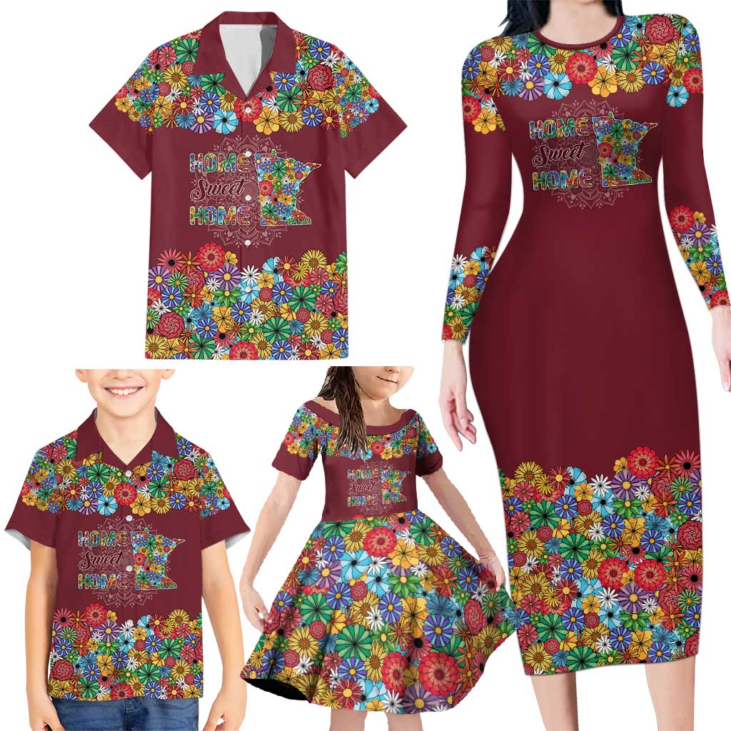 Home Sweet Home Minnesota Flower Christmas Family Matching Long Sleeve Bodycon Dress and Hawaiian Shirt Xmas Holiday Patterns - Wonder Print Shop