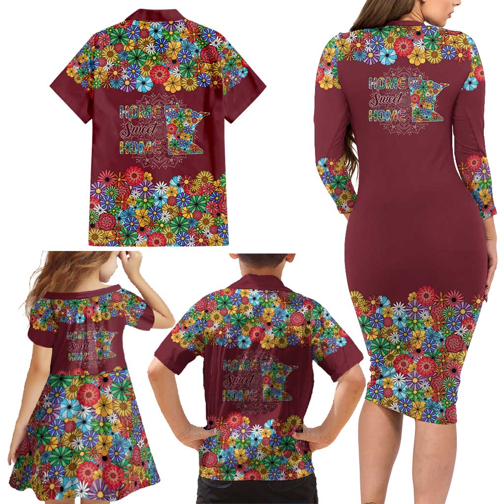 Home Sweet Home Minnesota Flower Christmas Family Matching Long Sleeve Bodycon Dress and Hawaiian Shirt Xmas Holiday Patterns - Wonder Print Shop