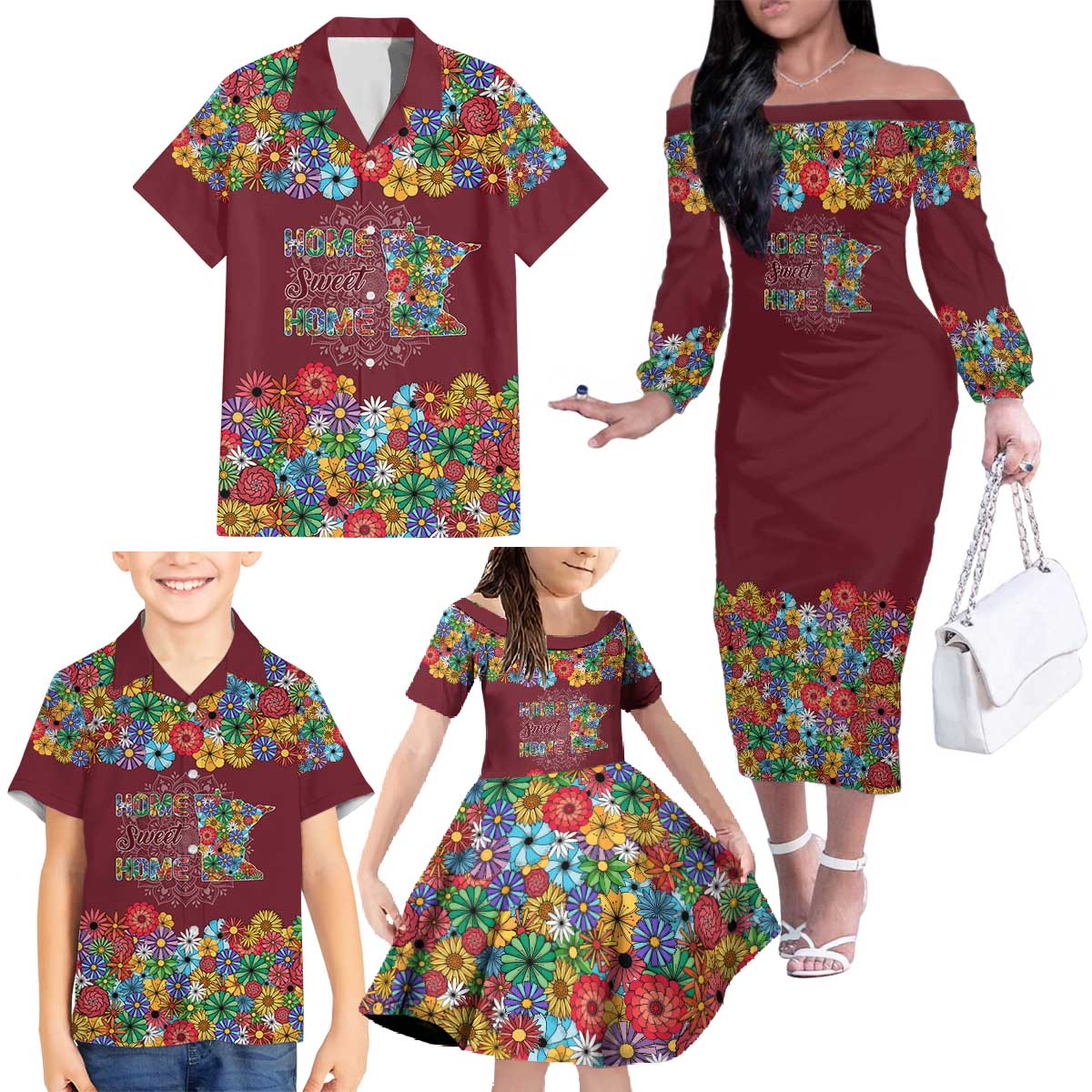 Home Sweet Home Minnesota Flower Christmas Family Matching Off The Shoulder Long Sleeve Dress and Hawaiian Shirt Xmas Holiday Patterns - Wonder Print Shop
