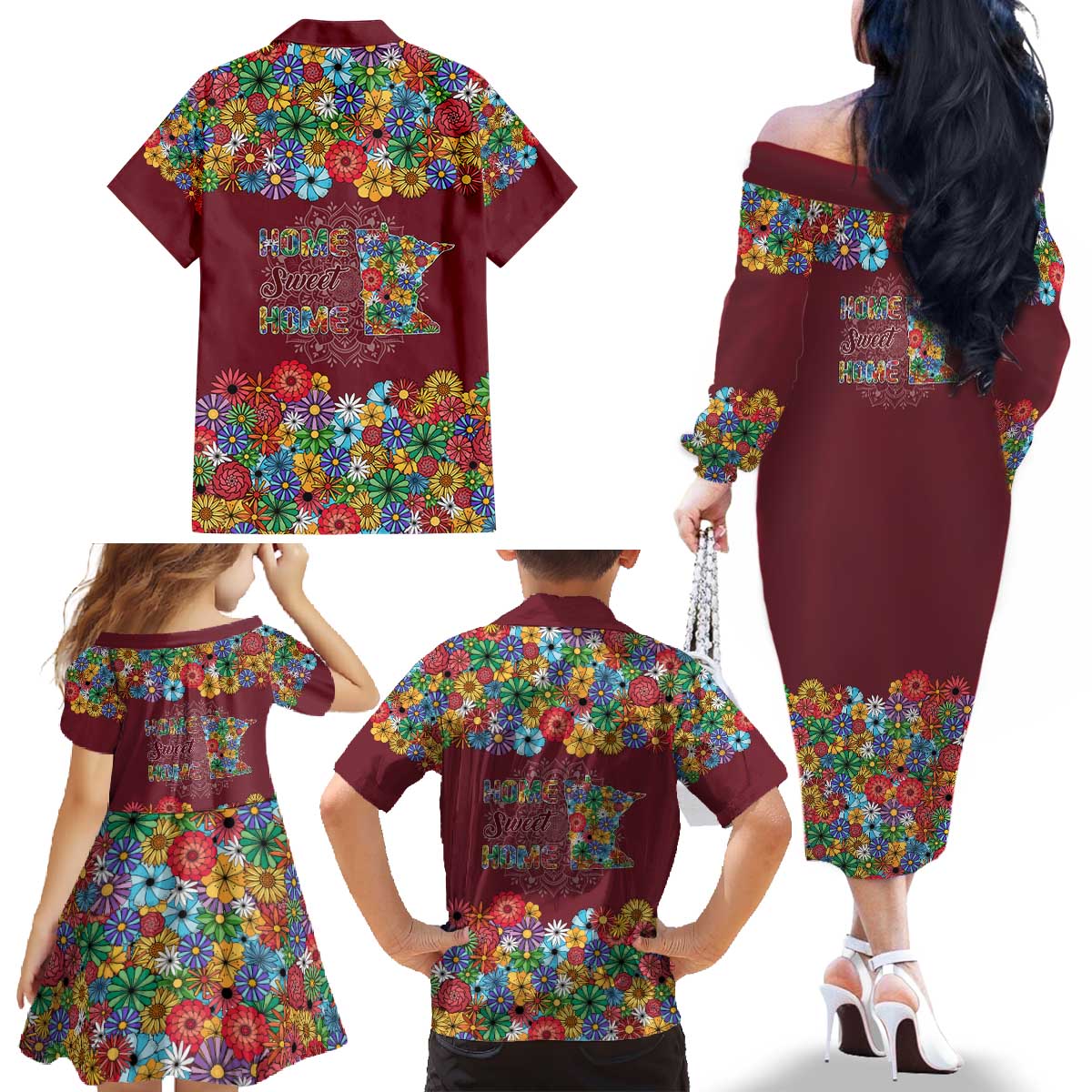 Home Sweet Home Minnesota Flower Christmas Family Matching Off The Shoulder Long Sleeve Dress and Hawaiian Shirt Xmas Holiday Patterns - Wonder Print Shop