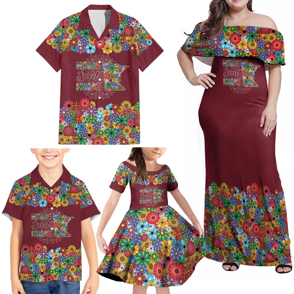 Home Sweet Home Minnesota Flower Christmas Family Matching Off Shoulder Maxi Dress and Hawaiian Shirt Xmas Holiday Patterns - Wonder Print Shop