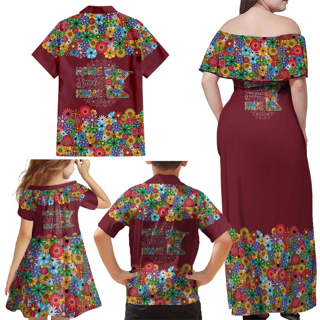 Home Sweet Home Minnesota Flower Christmas Family Matching Off Shoulder Maxi Dress and Hawaiian Shirt Xmas Holiday Patterns - Wonder Print Shop