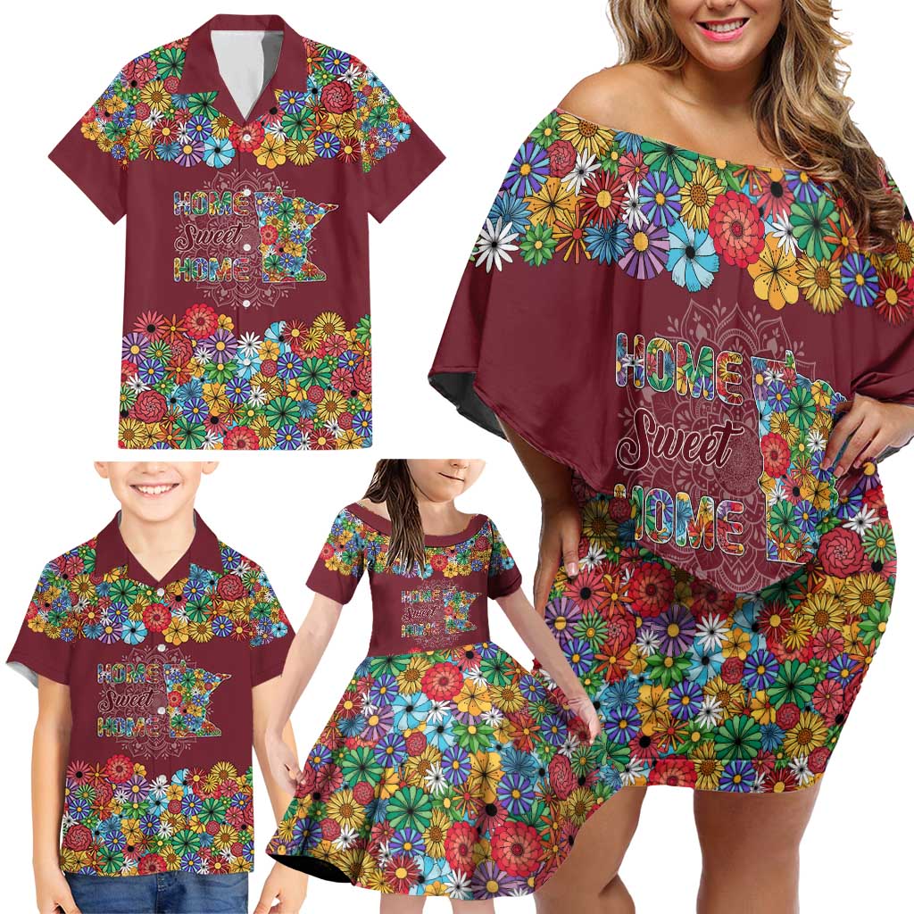 Home Sweet Home Minnesota Flower Christmas Family Matching Off Shoulder Short Dress and Hawaiian Shirt Xmas Holiday Patterns - Wonder Print Shop