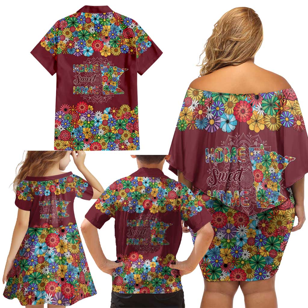 Home Sweet Home Minnesota Flower Christmas Family Matching Off Shoulder Short Dress and Hawaiian Shirt Xmas Holiday Patterns - Wonder Print Shop