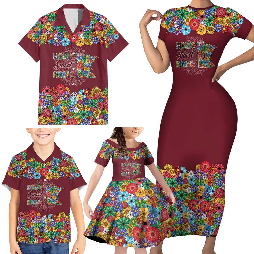Home Sweet Home Minnesota Flower Christmas Family Matching Short Sleeve Bodycon Dress and Hawaiian Shirt Xmas Holiday Patterns - Wonder Print Shop