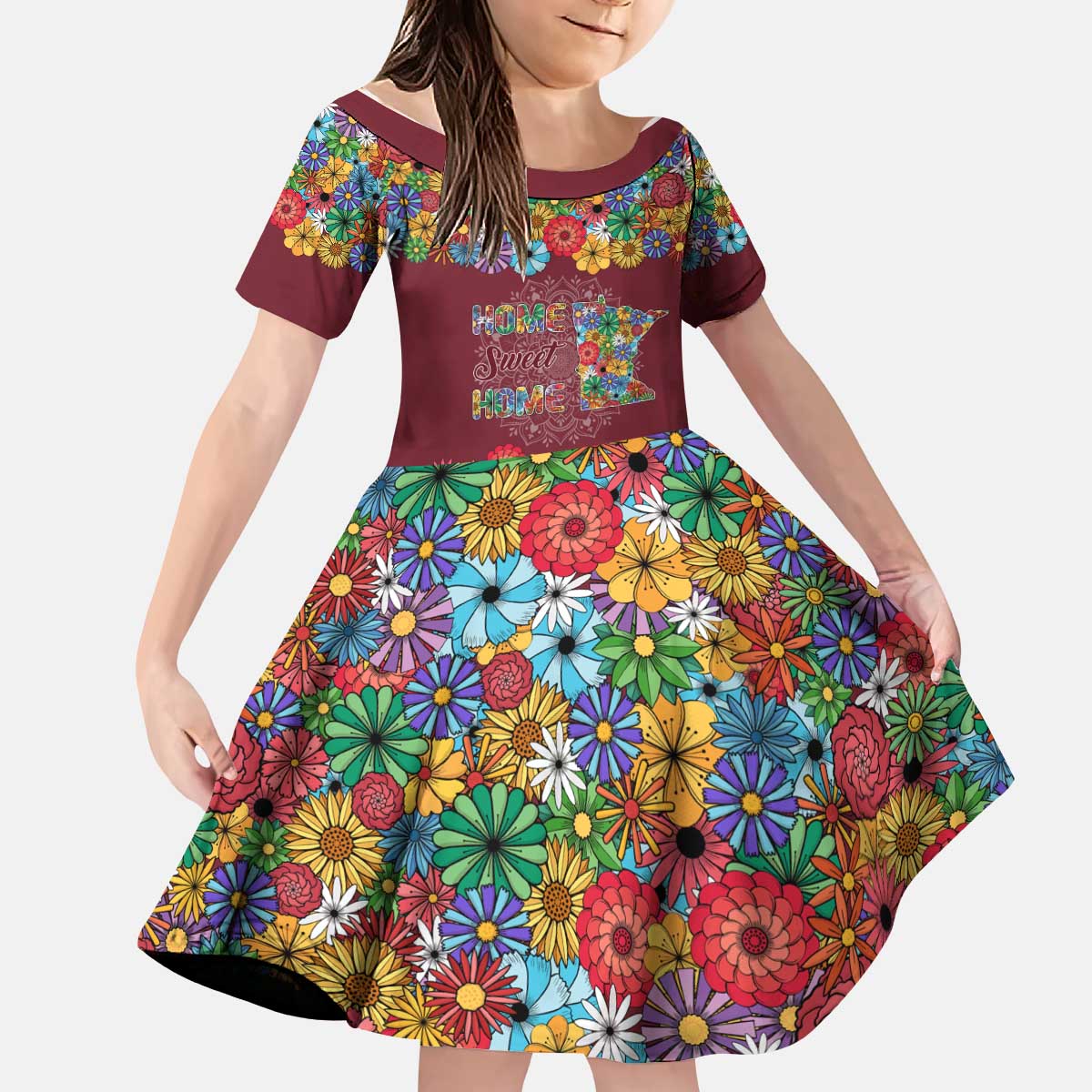 Home Sweet Home Minnesota Flower Christmas Kid Short Sleeve Dress Xmas Holiday Patterns - Wonder Print Shop