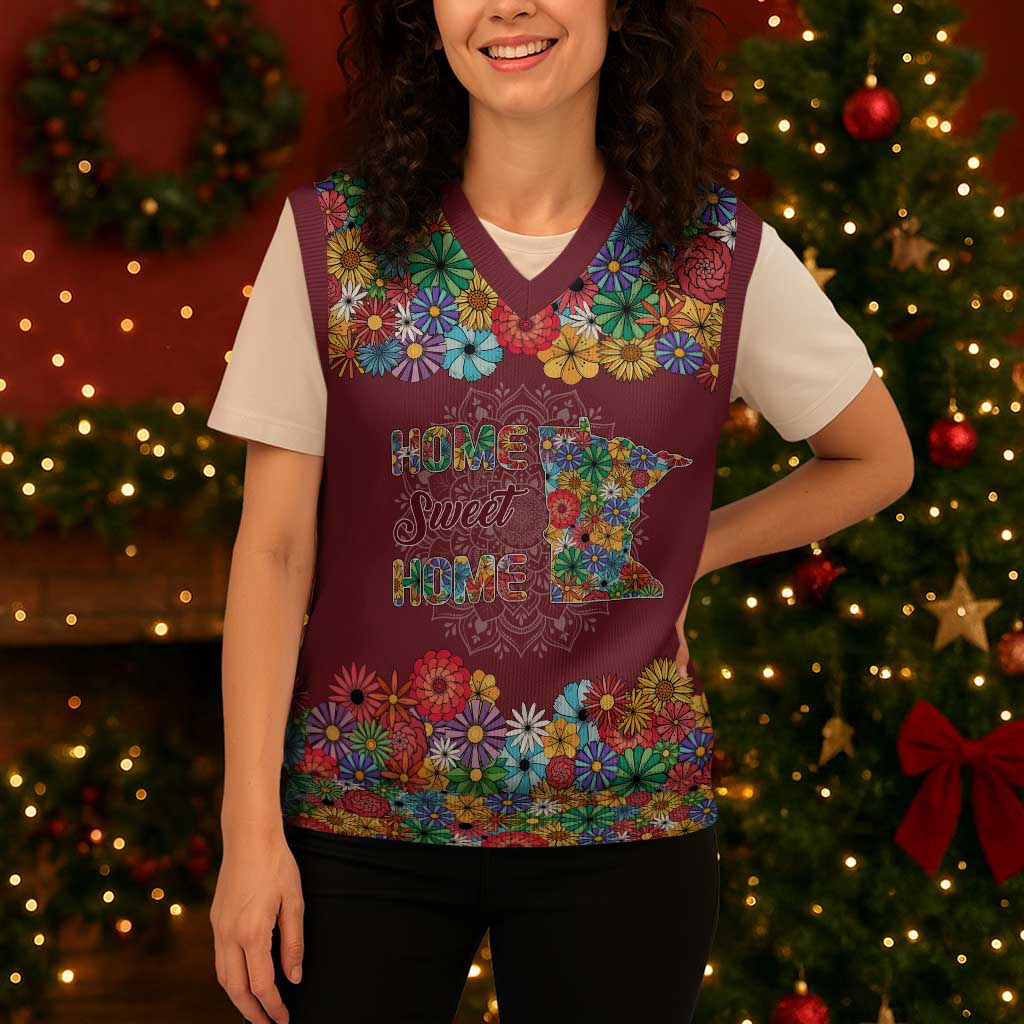 Home Sweet Home Minnesota Flower Christmas Knitted V-Neck Vest Xmas Holiday Patterns - Wonder Print Shop
