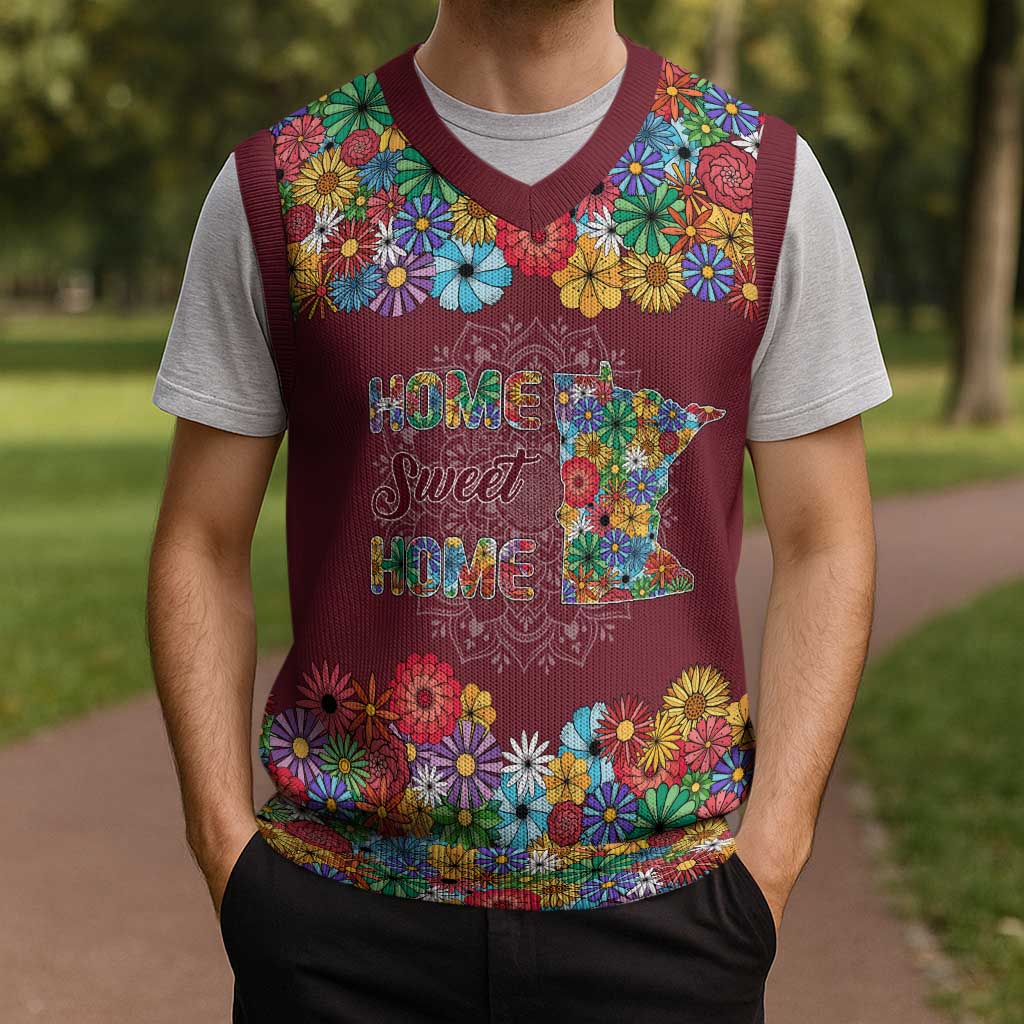 Home Sweet Home Minnesota Flower Christmas Knitted V-Neck Vest Xmas Holiday Patterns - Wonder Print Shop