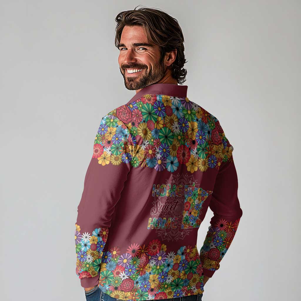 Home Sweet Home Minnesota Flower Christmas Long Sleeve Polo Shirt Xmas Holiday Patterns - Wonder Print Shop