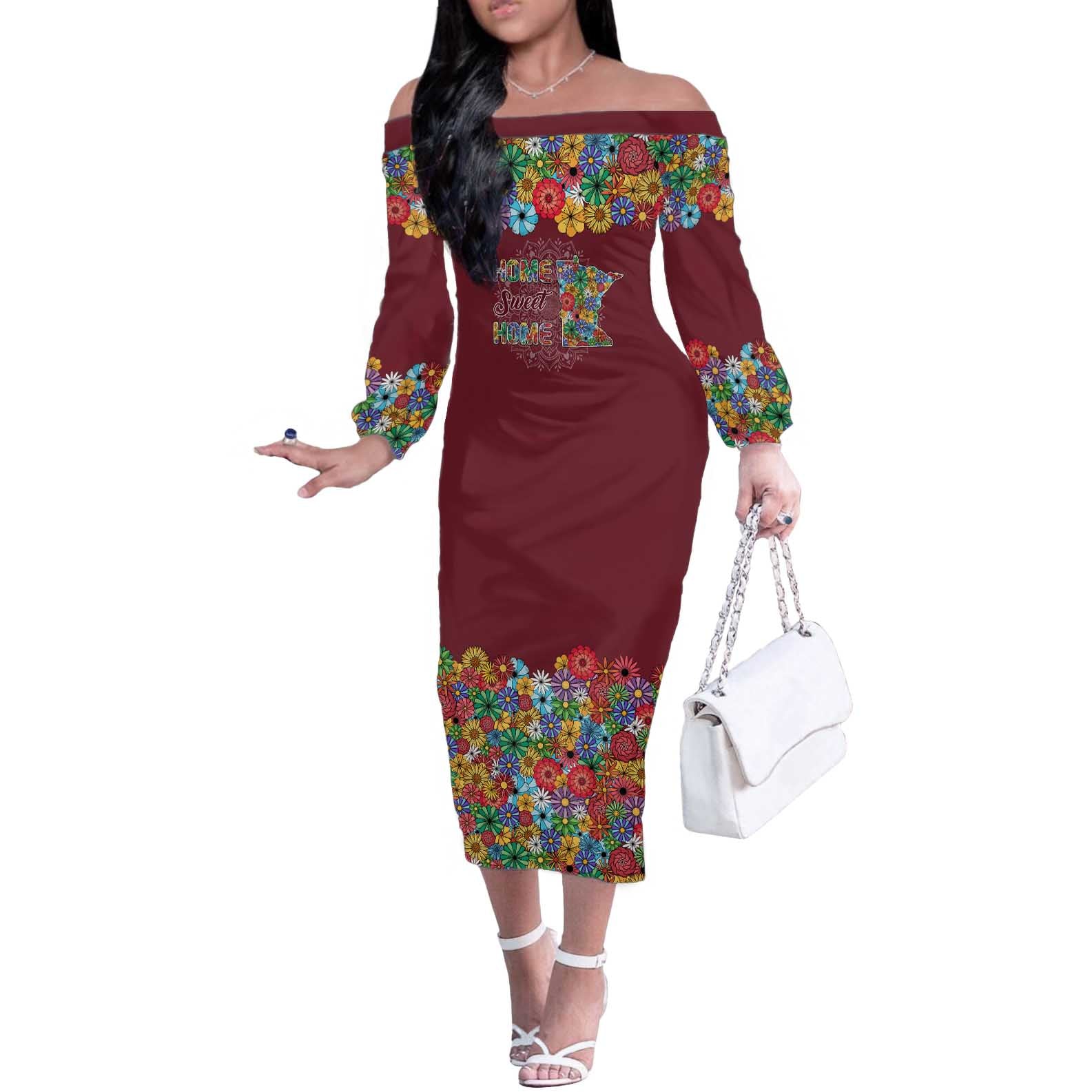 Home Sweet Home Minnesota Flower Christmas Off The Shoulder Long Sleeve Dress Xmas Holiday Patterns - Wonder Print Shop