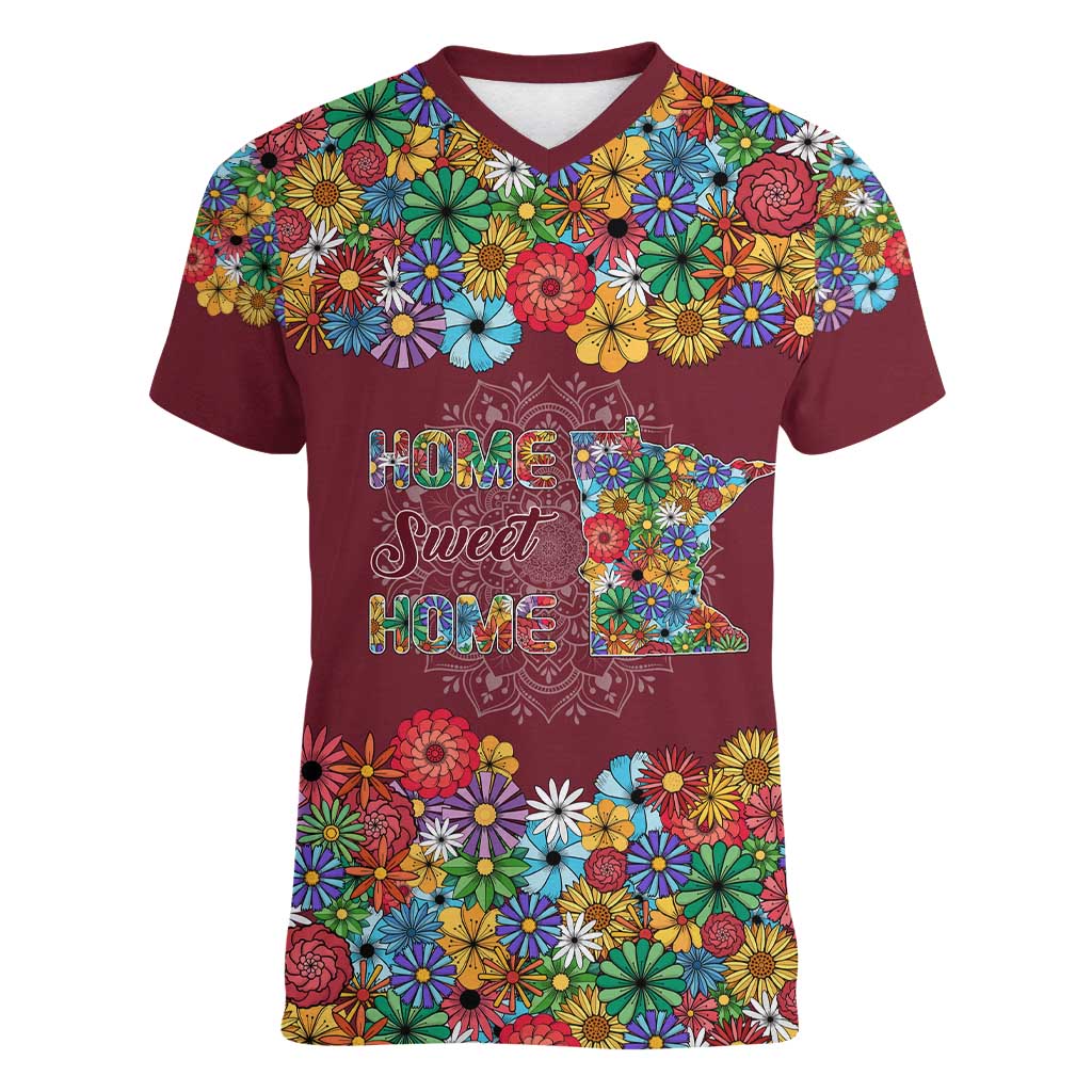 Home Sweet Home Minnesota Flower Christmas Women V-Neck T-Shirt Xmas Holiday Patterns - Wonder Print Shop