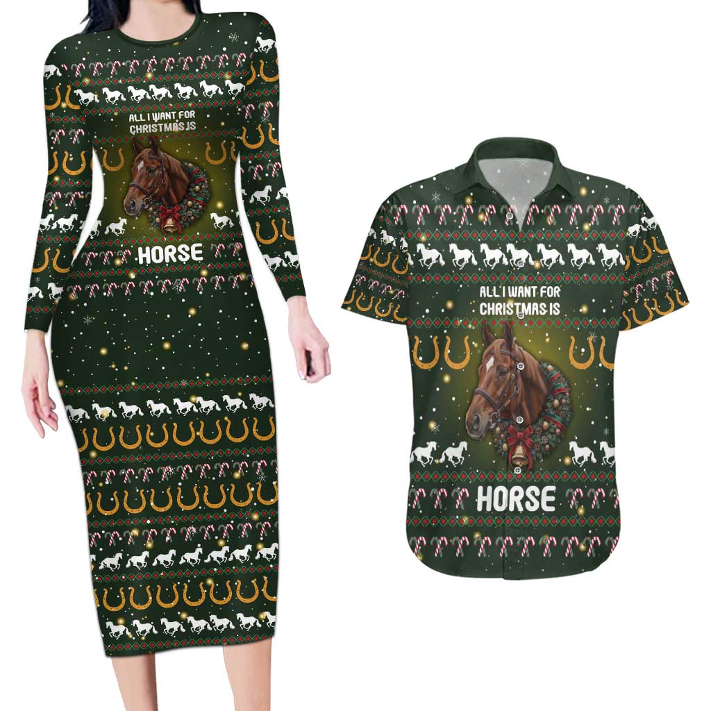 Horse All I Need For Christmas Christmas Couples Matching Long Sleeve Bodycon Dress and Hawaiian Shirt Xmas Holiday Patterns - Wonder Print Shop