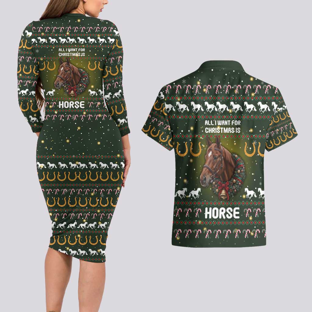 Horse All I Need For Christmas Christmas Couples Matching Long Sleeve Bodycon Dress and Hawaiian Shirt Xmas Holiday Patterns - Wonder Print Shop