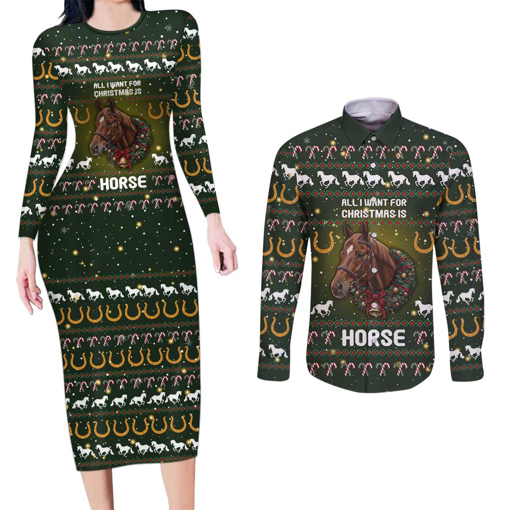 Horse All I Need For Christmas Christmas Couples Matching Long Sleeve Bodycon Dress and Long Sleeve Button Shirt Xmas Holiday Patterns - Wonder Print Shop