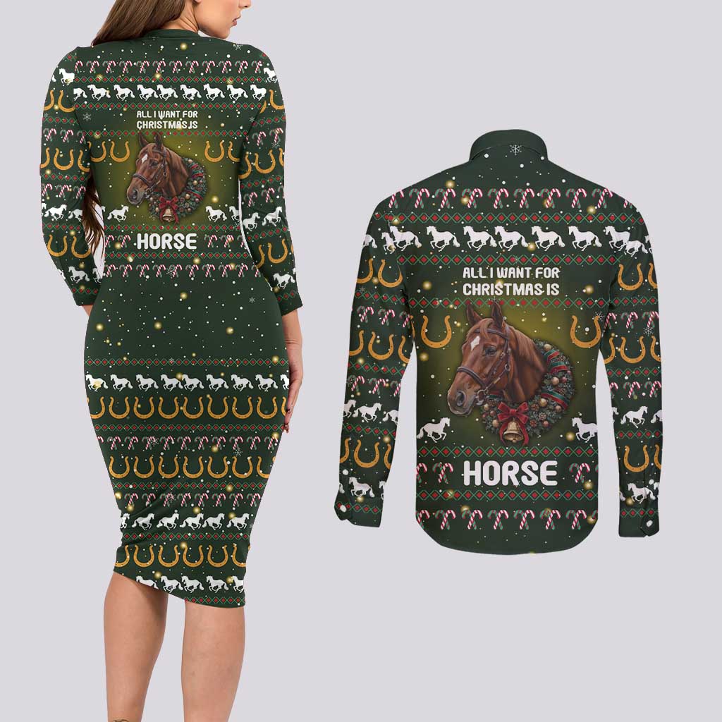 Horse All I Need For Christmas Christmas Couples Matching Long Sleeve Bodycon Dress and Long Sleeve Button Shirt Xmas Holiday Patterns - Wonder Print Shop