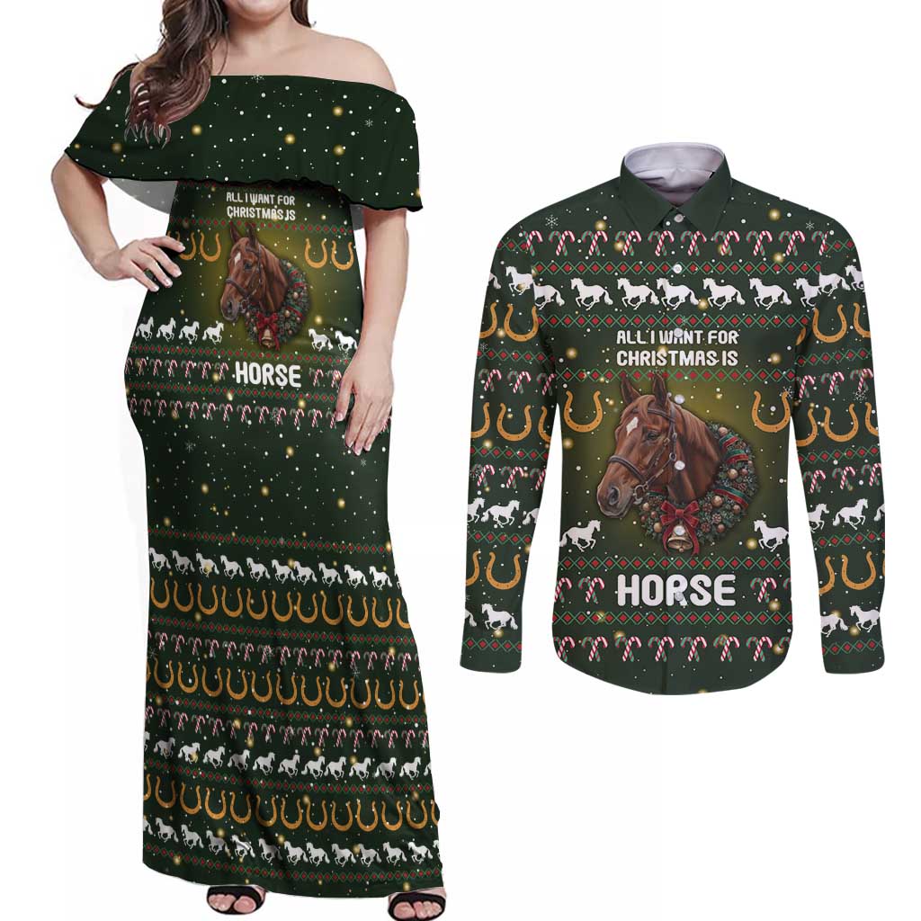 Horse All I Need For Christmas Christmas Couples Matching Off Shoulder Maxi Dress and Long Sleeve Button Shirt Xmas Holiday Patterns - Wonder Print Shop