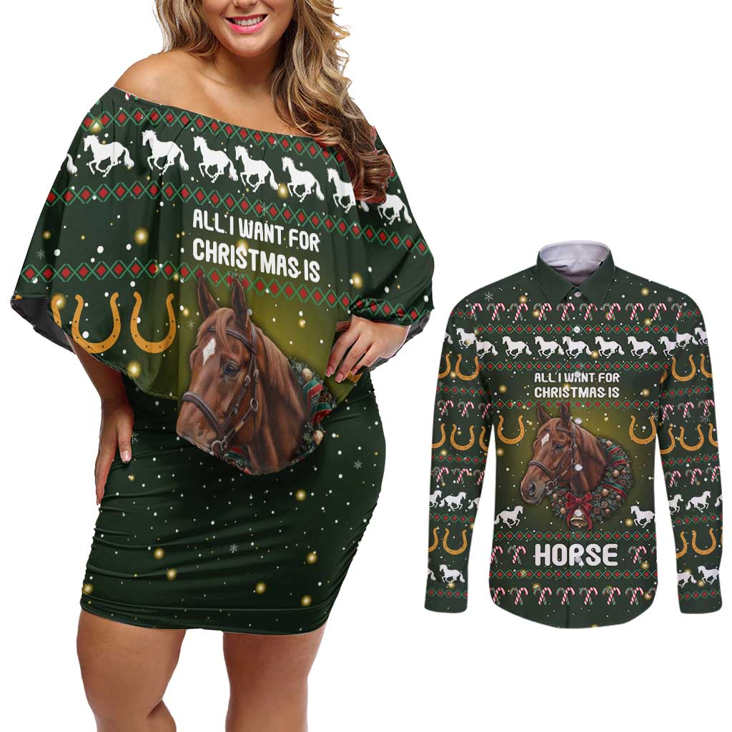 Horse All I Need For Christmas Christmas Couples Matching Off Shoulder Short Dress and Long Sleeve Button Shirt Xmas Holiday Patterns - Wonder Print Shop