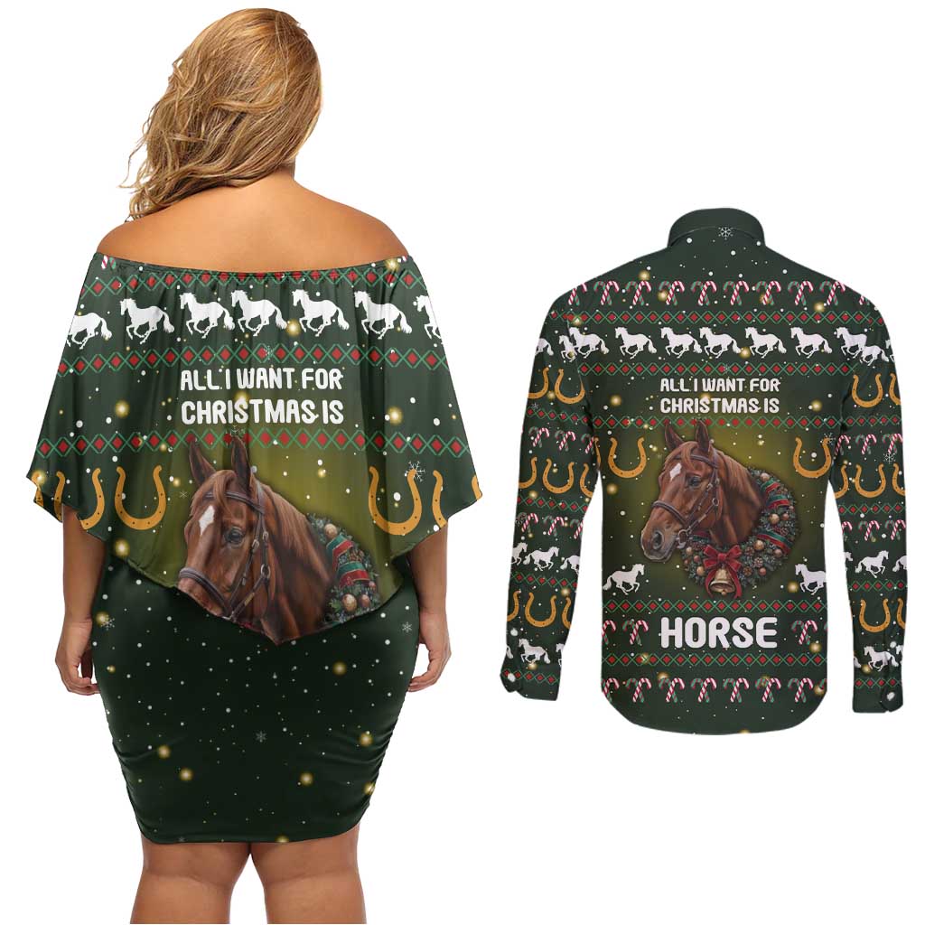 Horse All I Need For Christmas Christmas Couples Matching Off Shoulder Short Dress and Long Sleeve Button Shirt Xmas Holiday Patterns - Wonder Print Shop