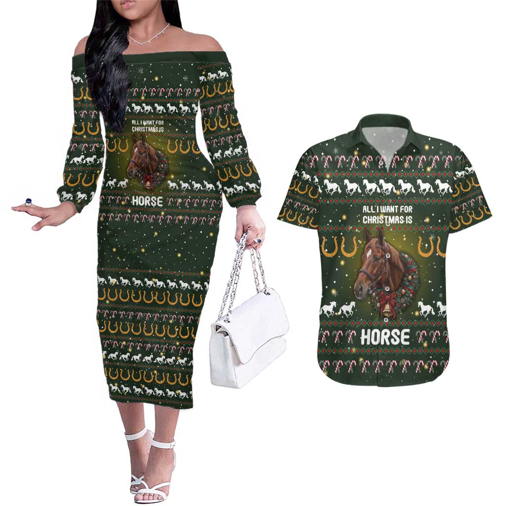 Horse All I Need For Christmas Christmas Couples Matching Off The Shoulder Long Sleeve Dress and Hawaiian Shirt Xmas Holiday Patterns - Wonder Print Shop