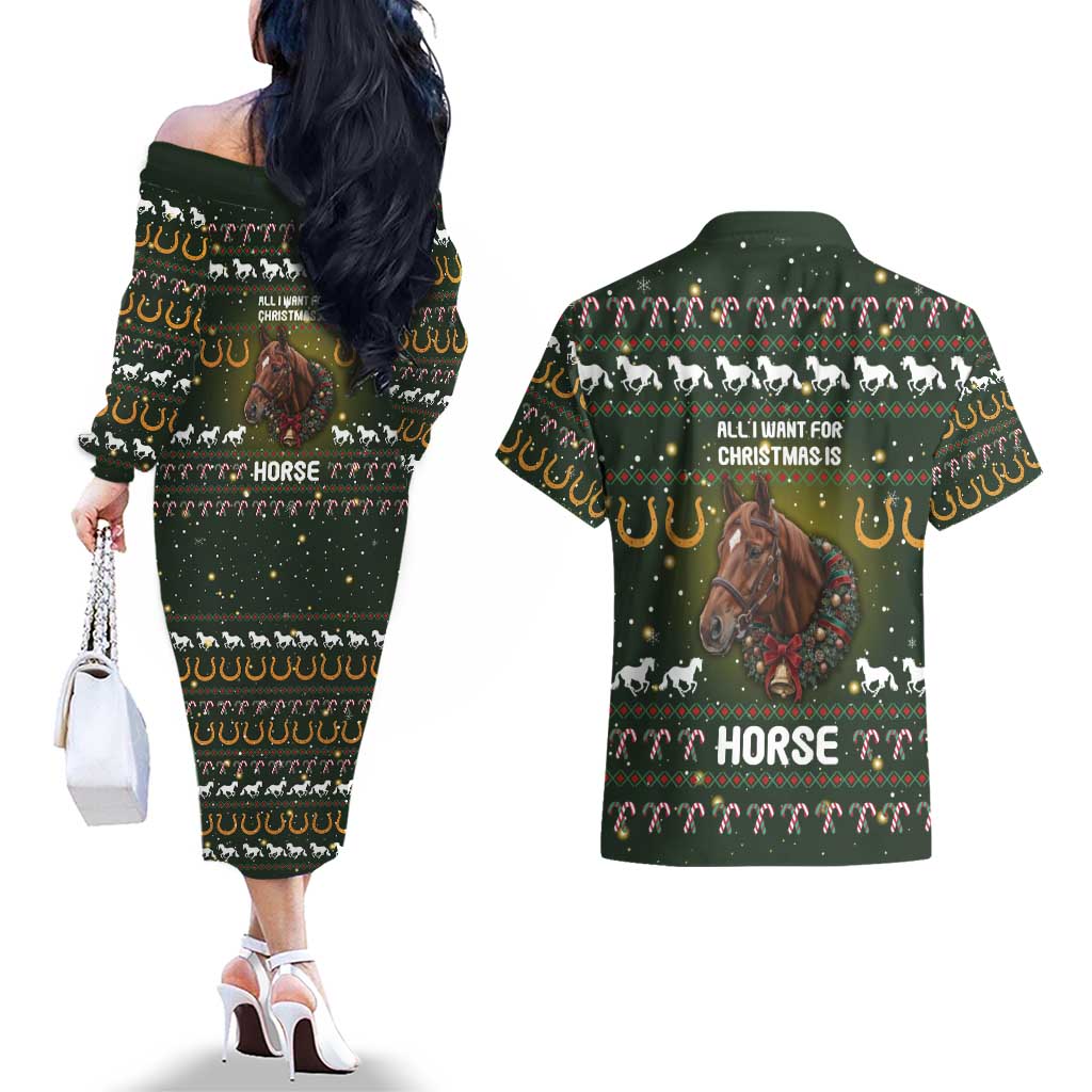 Horse All I Need For Christmas Christmas Couples Matching Off The Shoulder Long Sleeve Dress and Hawaiian Shirt Xmas Holiday Patterns - Wonder Print Shop