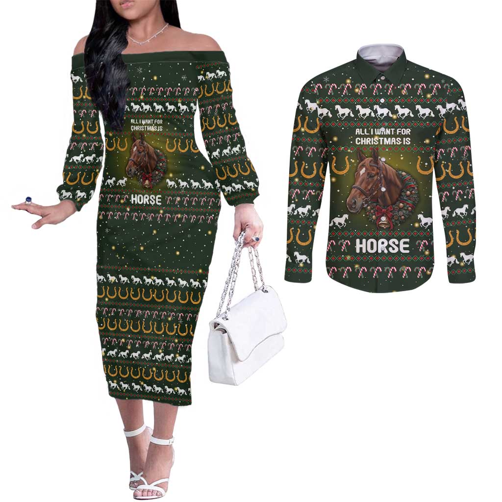 Horse All I Need For Christmas Christmas Couples Matching Off The Shoulder Long Sleeve Dress and Long Sleeve Button Shirt Xmas Holiday Patterns - Wonder Print Shop