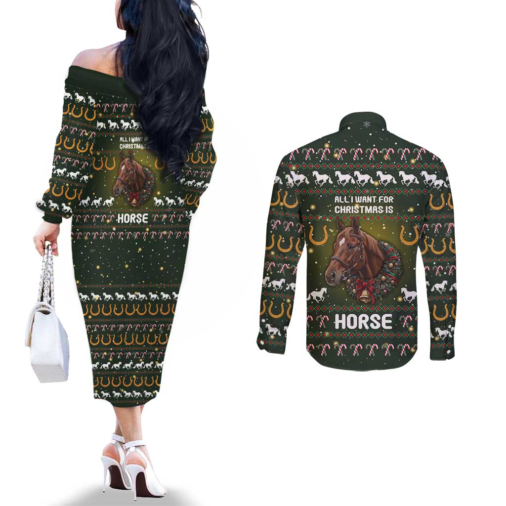 Horse All I Need For Christmas Christmas Couples Matching Off The Shoulder Long Sleeve Dress and Long Sleeve Button Shirt Xmas Holiday Patterns - Wonder Print Shop