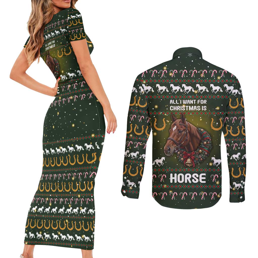 Horse All I Need For Christmas Christmas Couples Matching Short Sleeve Bodycon Dress and Long Sleeve Button Shirt Xmas Holiday Patterns - Wonder Print Shop