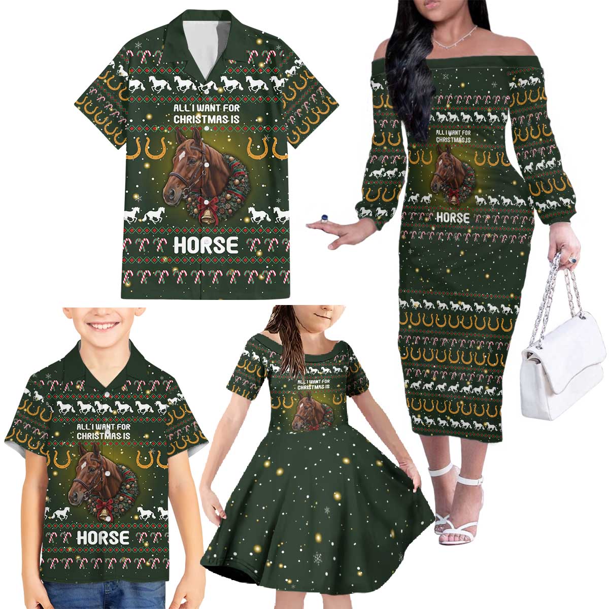 Horse All I Need For Christmas Christmas Family Matching Off The Shoulder Long Sleeve Dress and Hawaiian Shirt Xmas Holiday Patterns - Wonder Print Shop